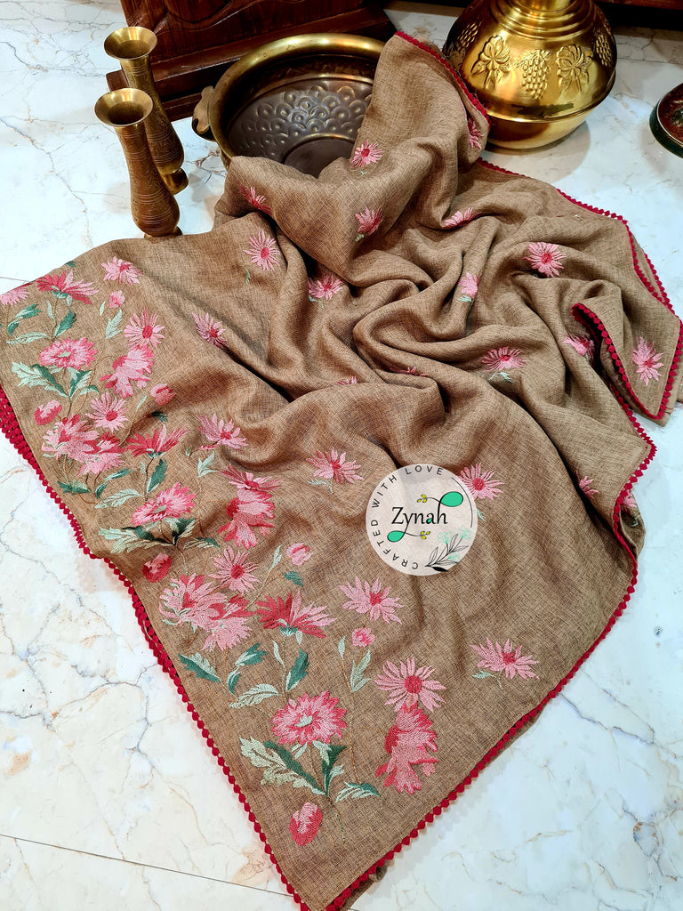 Zynah Pure Jute Muslin Embroidery Saree with Crochet lace; Custom Stitched/Ready-made Blouse, Fall, Petticoat; Shipping available USA, Worldwide