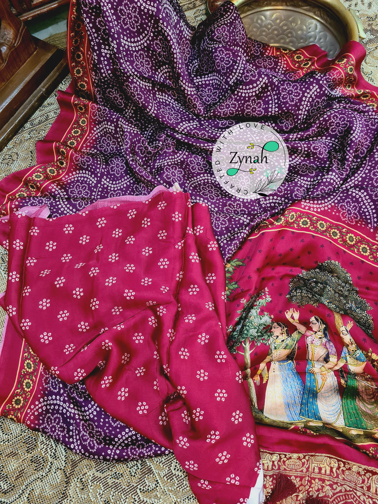 Zynah Pure Gajji Silk Saree with Bandhani & Pichwai Prints, Amdavadi Pallu; Custom Stitched/Ready-made Blouse, Fall, Petticoat; Shipping available USA, Worldwide