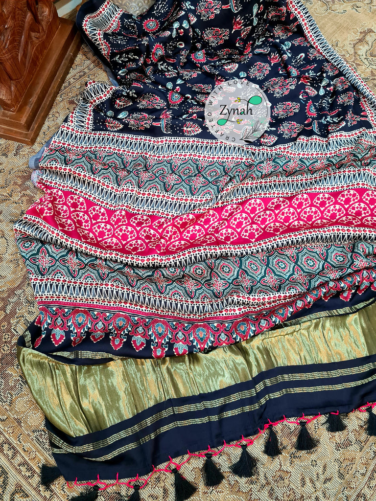 Zynah Pure Gajji Silk Ajrakh Saree with tissue zari pallu & Handblock Printed; Custom Stitched/Ready-made Blouse, Fall, Petticoat; Shipping available USA, Worldwide