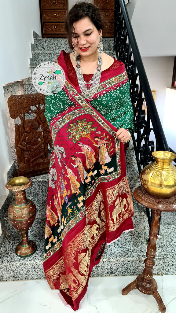 Zynah Pure Gajji Silk Saree with Bandhani & Pichwai Prints, Amdavadi Pallu; Custom Stitched/Ready-made Blouse, Fall, Petticoat; Shipping available USA, Worldwide