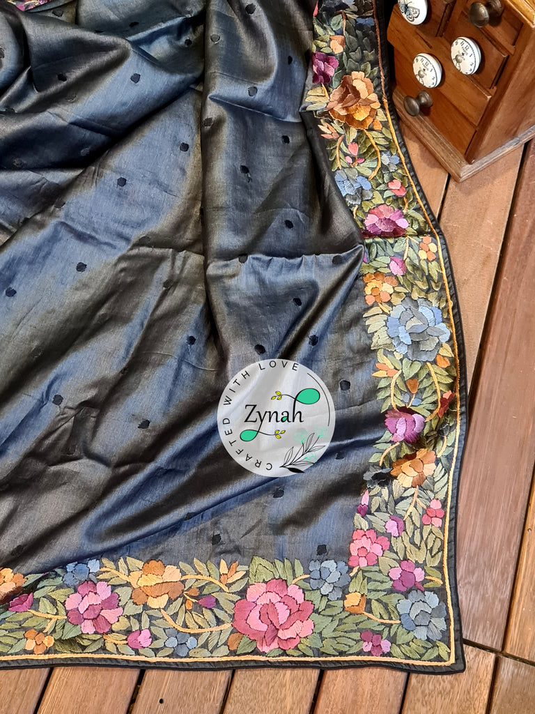 Zynah Made to Order Pure Tussar Silk Parsi Gara Handcrafted Saree; Custom Stitched/Ready-made Blouse, Fall, Petticoat; Shipping available USA, Worldwide