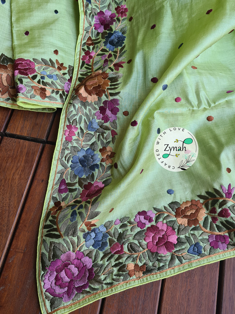 Zynah Pure Tussar Silk Parsi Gara Handcrafted Saree; Custom Stitched/Ready-made Blouse, Fall, Petticoat; Shipping available USA, Worldwide
