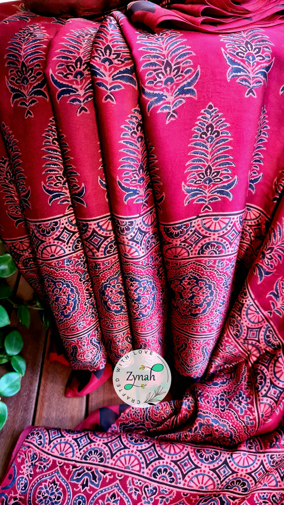 Zynah Pure Modal Silk Ajrakh Saree with Handblock Prints; Custom Stitched/Ready-made Blouse, Fall, Petticoat; Shipping available USA, Worldwide