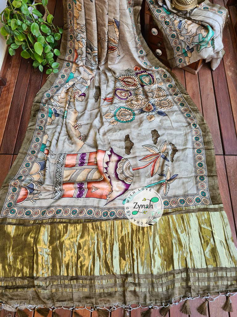 Zynah Pure Gajji Silk Tribal Kalamkari Printed Saree with Tissue Zari Pallu; Custom Stitched/Ready-made Blouse, Fall, Petticoat; Shipping available USA, Worldwide