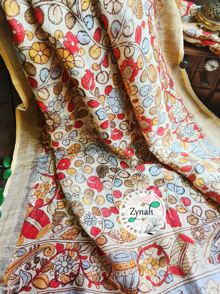 Zynah Kalamkari Organic Lab Tested 120 Count pure 'Linen by Linen' Saree; Custom Stitched/Ready-made Blouse, Fall, Petticoat; Shipping available USA, Worldwide
