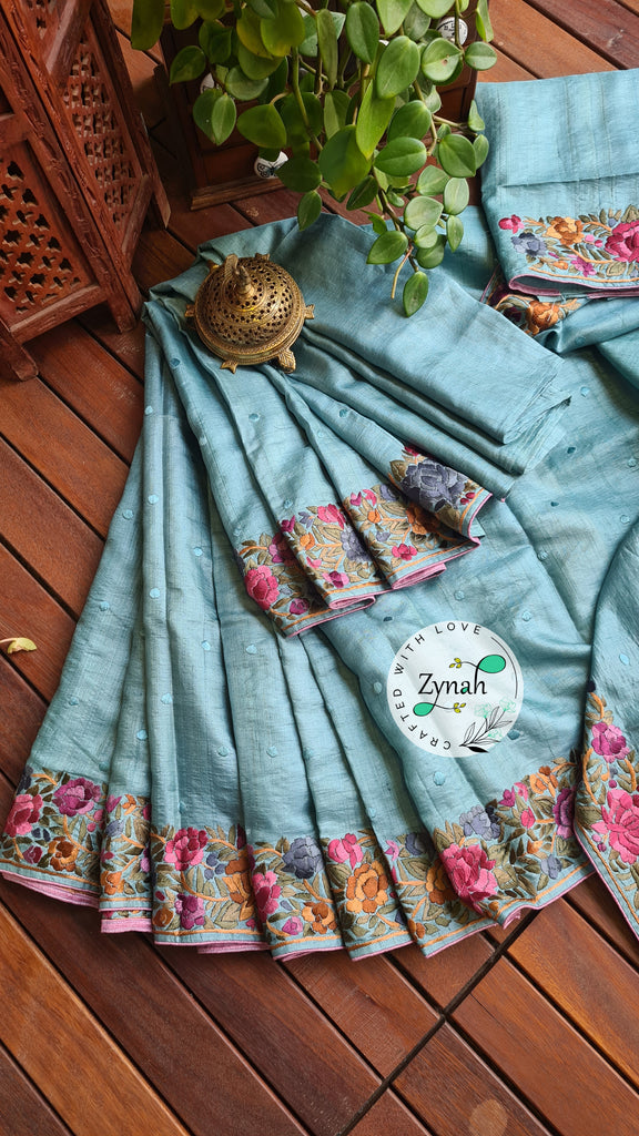 Zynah Made to Order Pure Tussar Silk Parsi Gara Handcrafted Saree; Custom Stitched/Ready-made Blouse, Fall, Petticoat; Shipping available USA, Worldwide