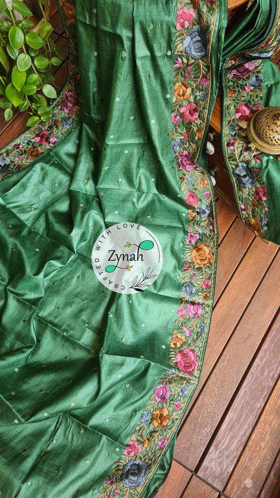 Zynah Made to Order Pure Tussar Silk Parsi Gara Handcrafted Saree; Custom Stitched/Ready-made Blouse, Fall, Petticoat; Shipping available USA, Worldwide