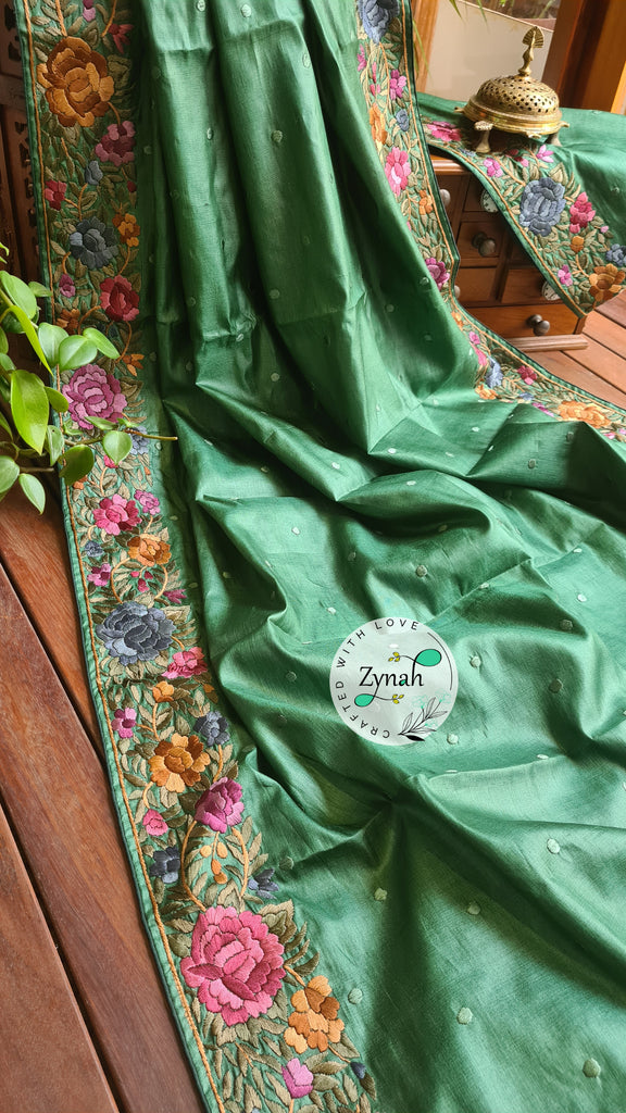 Zynah Made to Order Pure Tussar Silk Parsi Gara Handcrafted Saree; Custom Stitched/Ready-made Blouse, Fall, Petticoat; Shipping available USA, Worldwide