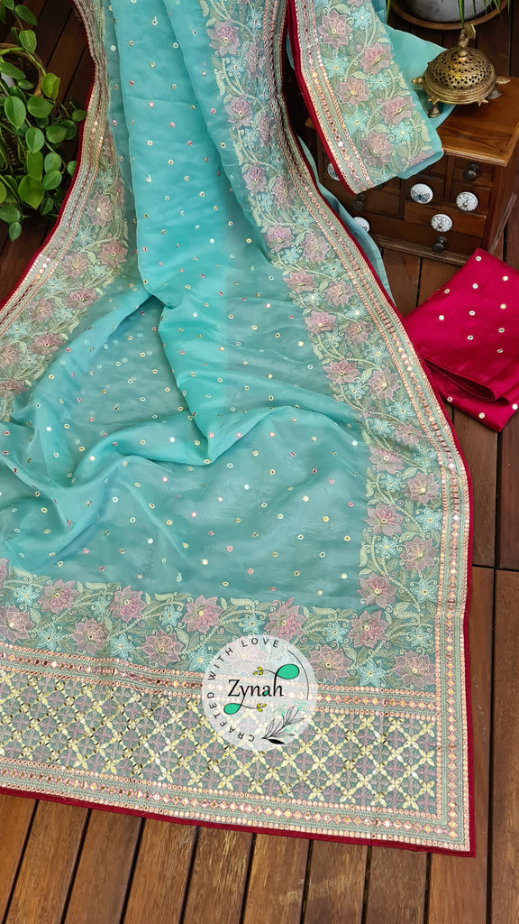 Zynah Pure Organza Silk Saree with Foil Mirror Work & Thread Embroidery; Custom Stitched/Ready-made Blouse, Fall, Petticoat; Shipping available USA, Worldwide