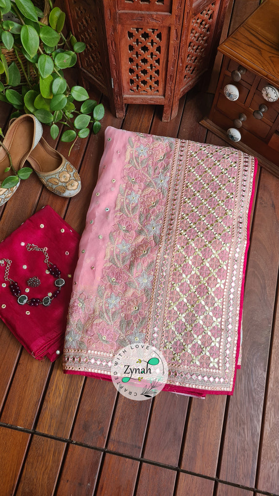 Zynah Pure Organza Silk Saree with Foil Mirror Work & Thread Embroidery; Custom Stitched/Ready-made Blouse, Fall, Petticoat; Shipping available USA, Worldwide