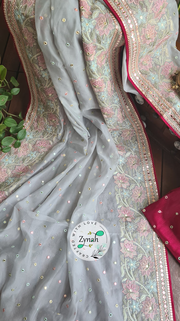 Zynah Pure Organza Silk Saree with Foil Mirror Work & Thread Embroidery; Custom Stitched/Ready-made Blouse, Fall, Petticoat; Shipping available USA, Worldwide