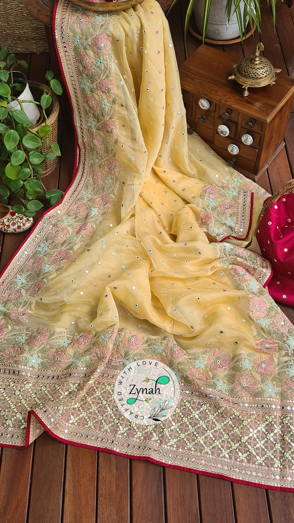 Zynah Pure Organza Silk Saree with Foil Mirror Work & Thread Embroidery; Custom Stitched/Ready-made Blouse, Fall, Petticoat; Shipping available USA, Worldwide