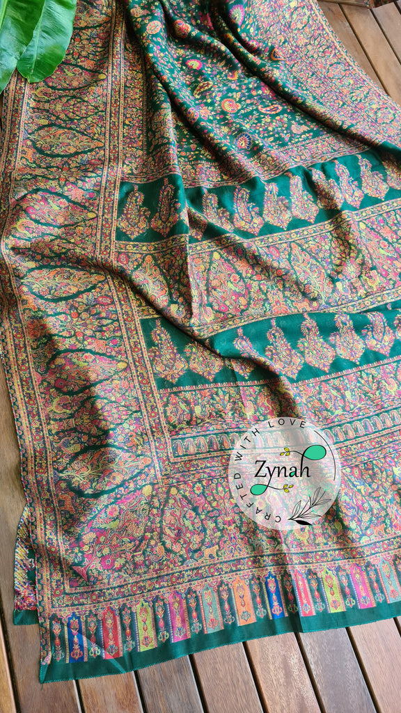 Zynah Green Kashmiri Pure Kani Silk Jamavar Saree | Kashmiri Traditional Pashmina Pure Silk Kani Saree; Custom Stitched/Ready-made Blouse, Fall, Petticoat; SKU: 0903202206