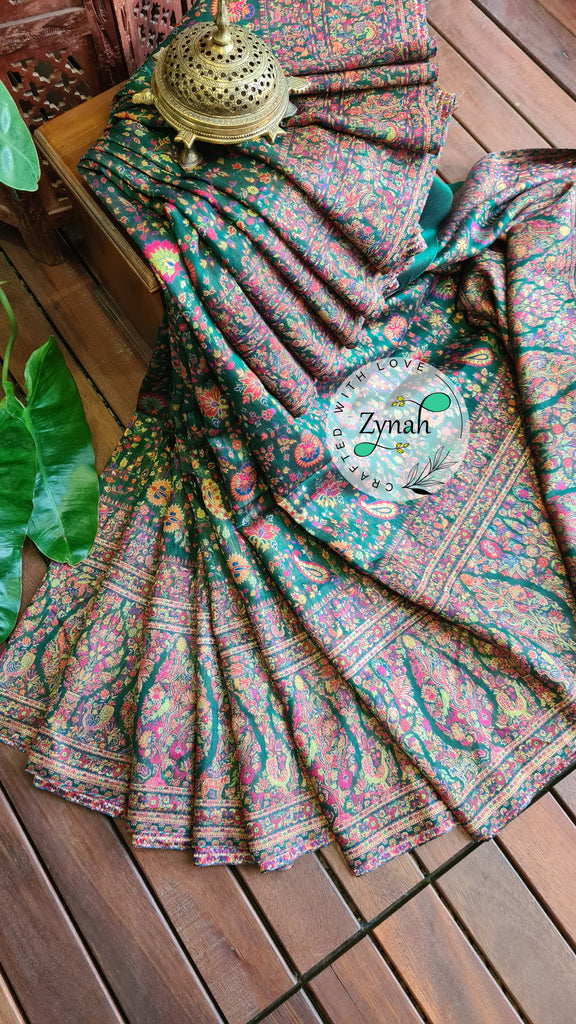 Zynah Green Kashmiri Pure Kani Silk Jamavar Saree | Kashmiri Traditional Pashmina Pure Silk Kani Saree; Custom Stitched/Ready-made Blouse, Fall, Petticoat; SKU: 0903202206