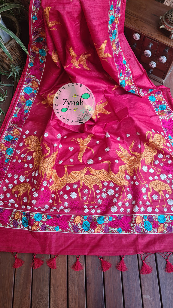 Zynah Pure Tussar Silk Parsi work Inspired Saree, Flamingo Bird Motifs; Custom Stitched/Ready-made Blouse, Fall, Petticoat; Shipping available USA, Worldwide
