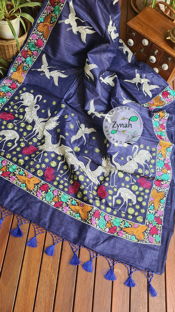 Zynah Pure Tussar Silk Parsi work Inspired Saree, Flamingo Bird Motifs; Custom Stitched/Ready-made Blouse, Fall, Petticoat; Shipping available USA, Worldwide