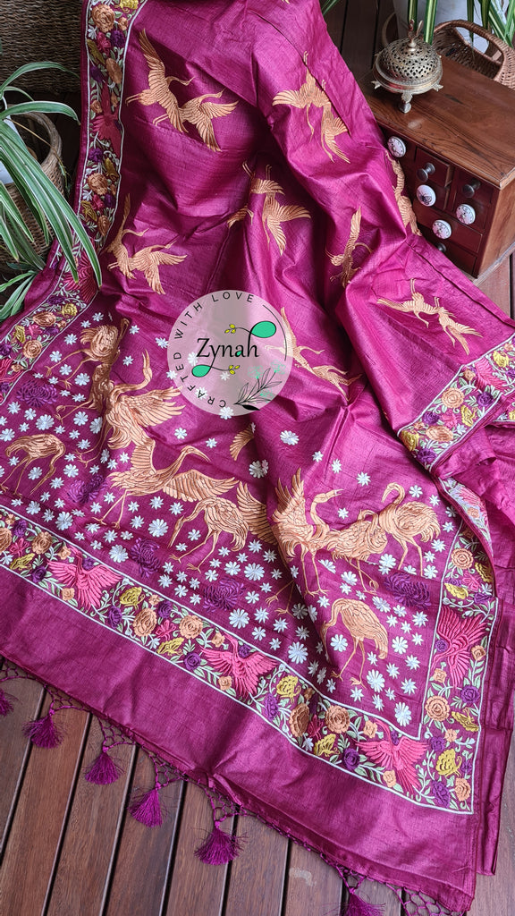 Zynah Pure Tussar Silk Parsi work Inspired Saree, Flamingo Bird Motifs; Custom Stitched/Ready-made Blouse, Fall, Petticoat; Shipping available USA, Worldwide