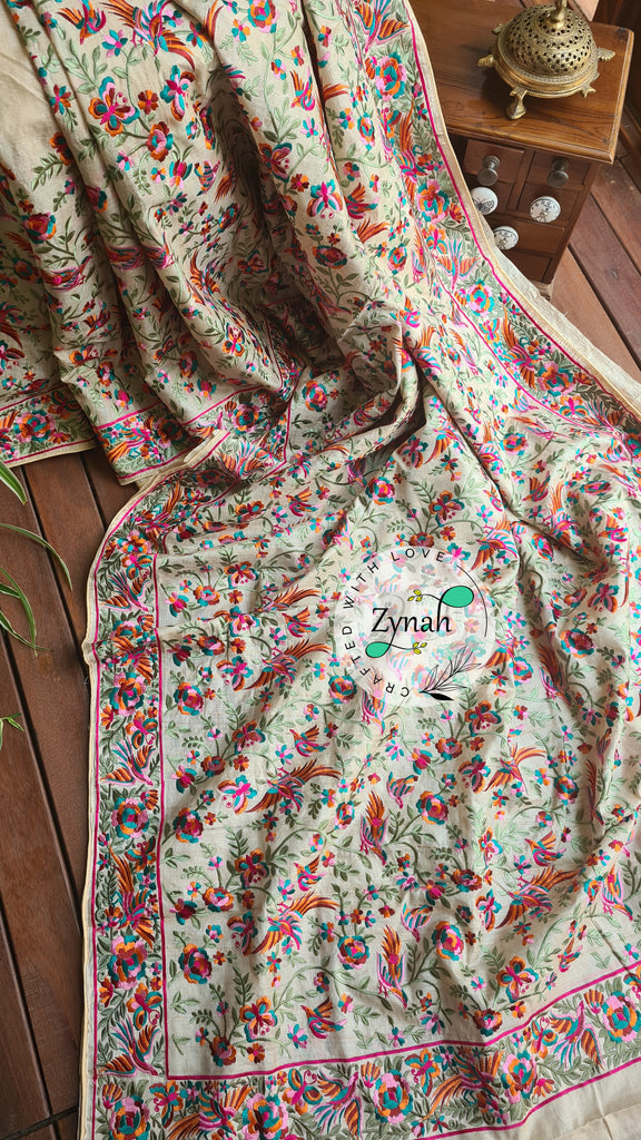 Zynah Pure Tussar Silk Parsi work Inspired Saree, Flamingo Bird Motifs; Custom Stitched/Ready-made Blouse, Fall, Petticoat; Shipping available USA, Worldwide