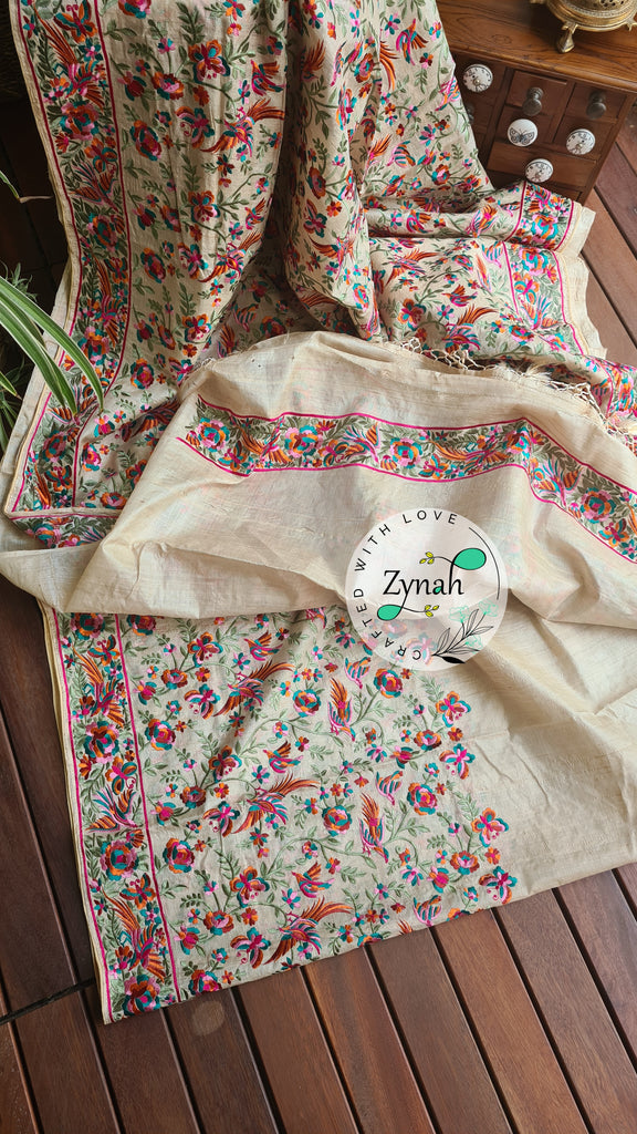 Zynah Pure Tussar Silk Parsi work Inspired Saree, Flamingo Bird Motifs; Custom Stitched/Ready-made Blouse, Fall, Petticoat; Shipping available USA, Worldwide