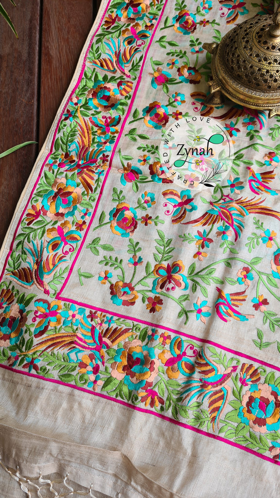Zynah Pure Tussar Silk Parsi work Inspired Saree, Flamingo Bird Motifs; Custom Stitched/Ready-made Blouse, Fall, Petticoat; Shipping available USA, Worldwide