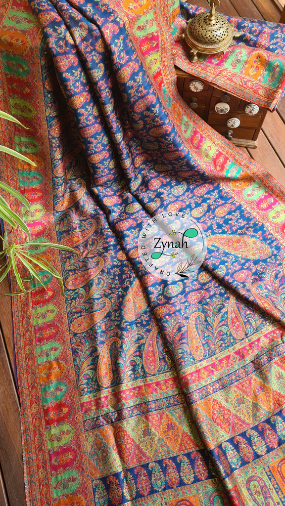 Zynah Blue & Orange Kashmiri Pure Kani Silk Jamavar Saree | Kashmiri Traditional Pashmina Pure Silk Kani Saree; Custom Stitched/Ready-made Blouse, Fall, Petticoat; SKU: 2103202201