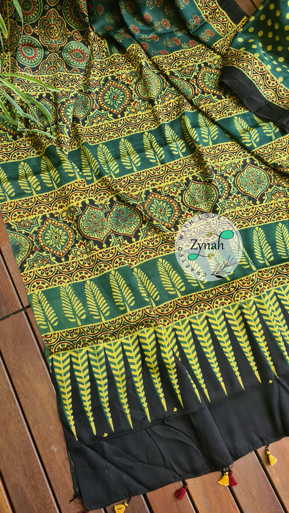 Zynah Pure Modal Silk Ajrakh Saree with Handblock Prints; Custom Stitched/Ready-made Blouse, Fall, Petticoat; Shipping available USA, Worldwide