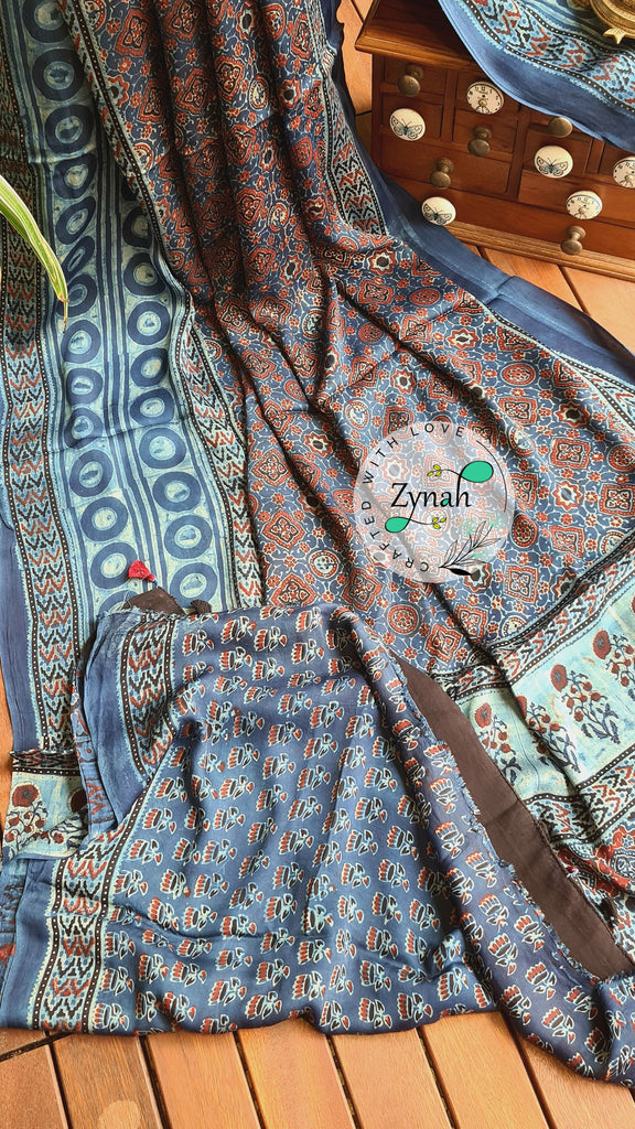 Zynah Pure Modal Silk Ajrakh Saree with Handblock Prints; Custom Stitched/Ready-made Blouse, Fall, Petticoat; Shipping available USA, Worldwide