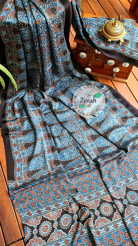 Zynah Pure Modal Silk Ajrakh Saree with Handblock Prints; Custom Stitched/Ready-made Blouse, Fall, Petticoat; Shipping available USA, Worldwide