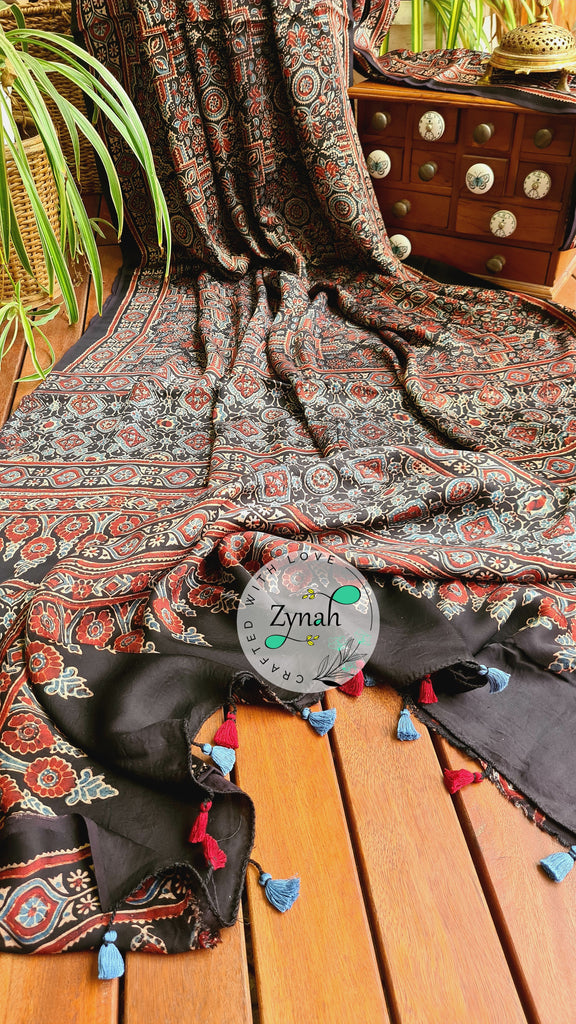 Zynah Pure Modal Silk Ajrakh Saree with Handblock Prints; Custom Stitched/Ready-made Blouse, Fall, Petticoat; Shipping available USA, Worldwide