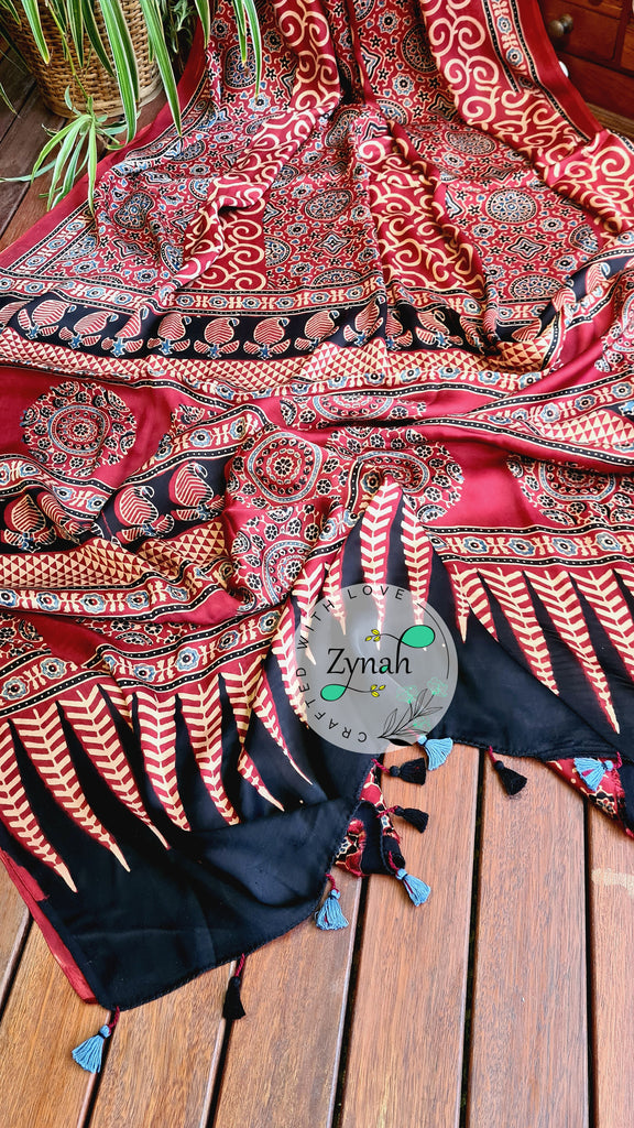 Zynah Pure Modal Silk Ajrakh Saree with Handblock Prints; Custom Stitched/Ready-made Blouse, Fall, Petticoat; Shipping available USA, Worldwide