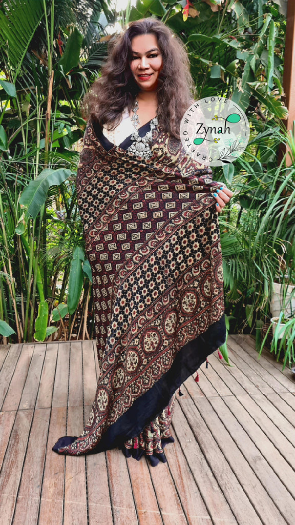 Zynah Pure Modal Silk Ajrakh Saree with Handblock Prints; Custom Stitched/Ready-made Blouse, Fall, Petticoat; Shipping available USA, Worldwide