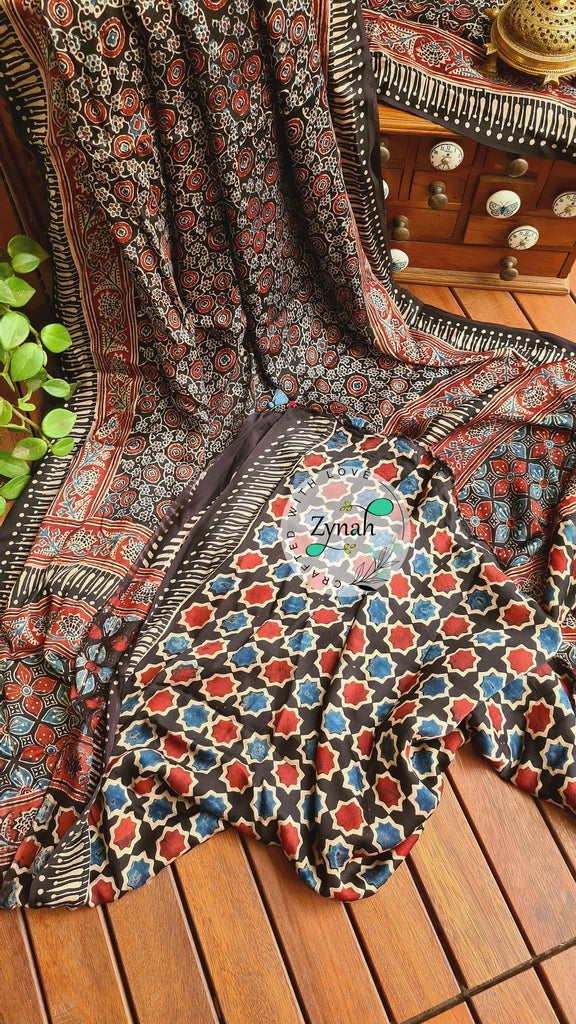 Zynah Pure Modal Silk Ajrakh Saree with Handblock Prints; Custom Stitched/Ready-made Blouse, Fall, Petticoat; Shipping available USA, Worldwide