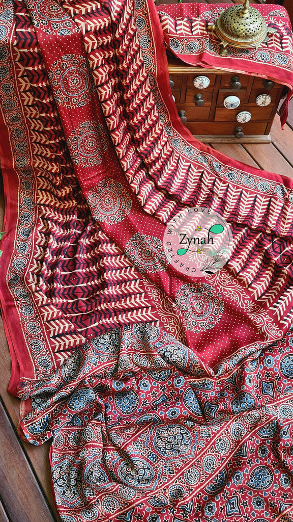 Zynah Pure Modal Silk Ajrakh Saree with Handblock Prints; Custom Stitched/Ready-made Blouse, Fall, Petticoat; Shipping available USA, Worldwide