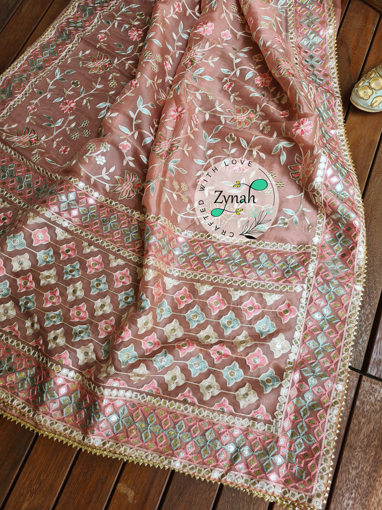 Zynah Pure Organza Silk Saree with Gotapatti Lace, Foil & Thread Embroidery Work; Custom Stitched/Ready-made Blouse, Fall, Petticoat; Shipping available USA, Worldwide