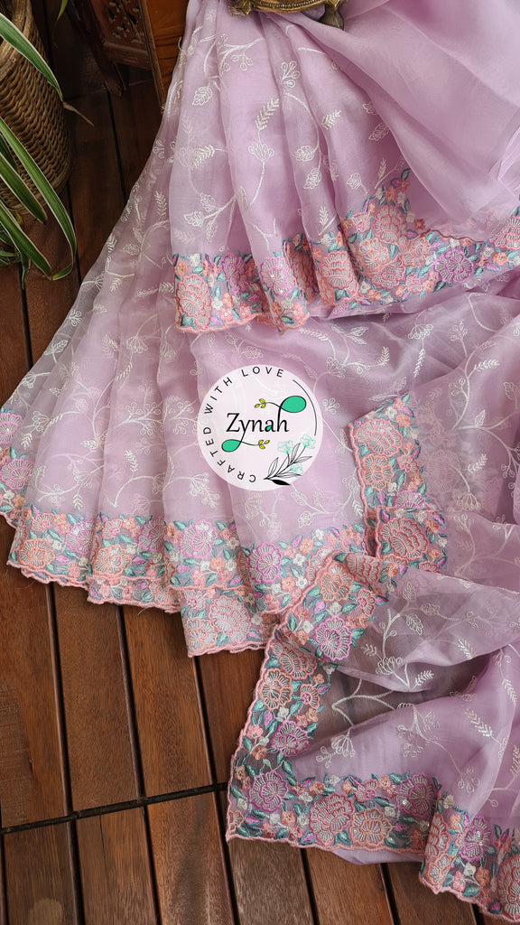 Zynah Pure Organza Silk Saree with Scalloped Border, Thread Embroidery & Sequence Work; Custom Stitched/Ready-made Blouse, Fall, Petticoat; Shipping available USA, Worldwide