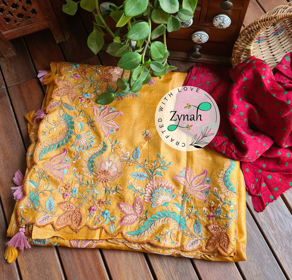 Zynah Pure Tussar Silk Embroidered Saree with Scalloped Border & 2 blouse pieces; Custom Stitched/Ready-made Blouse, Fall, Petticoat; Shipping available USA, Worldwide
