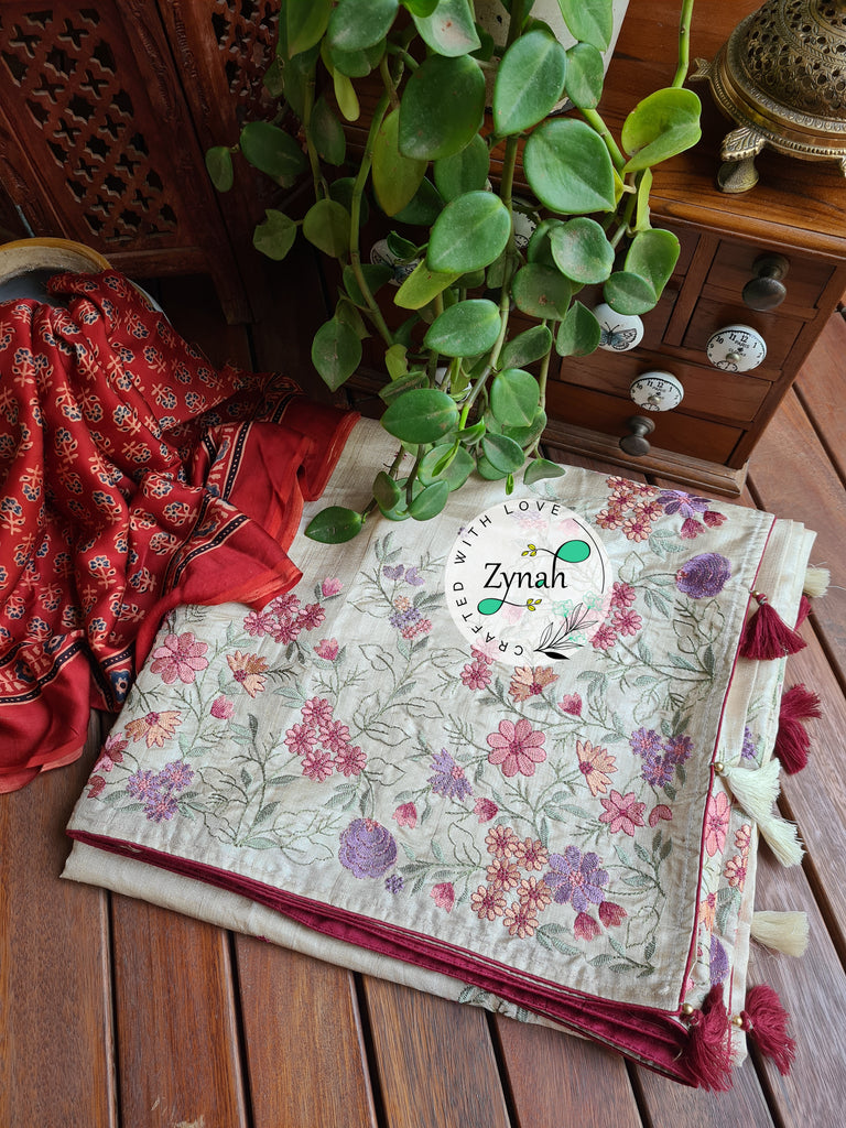 Zynah Pure Tussar Silk Embroidered Saree with 2 blouse pieces; Custom Stitched/Ready-made Blouse, Fall, Petticoat; Shipping available USA, Worldwide