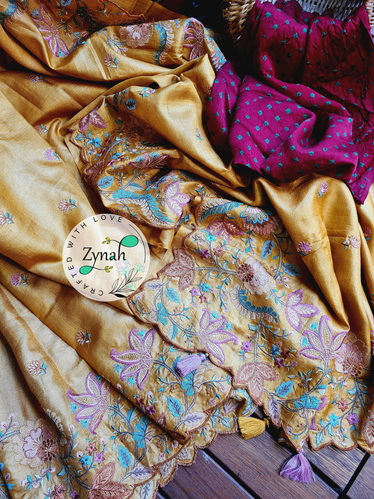 Zynah Pure Tussar Silk Embroidered Saree with Scalloped Border & 2 blouse pieces; Custom Stitched/Ready-made Blouse, Fall, Petticoat; Shipping available USA, Worldwide