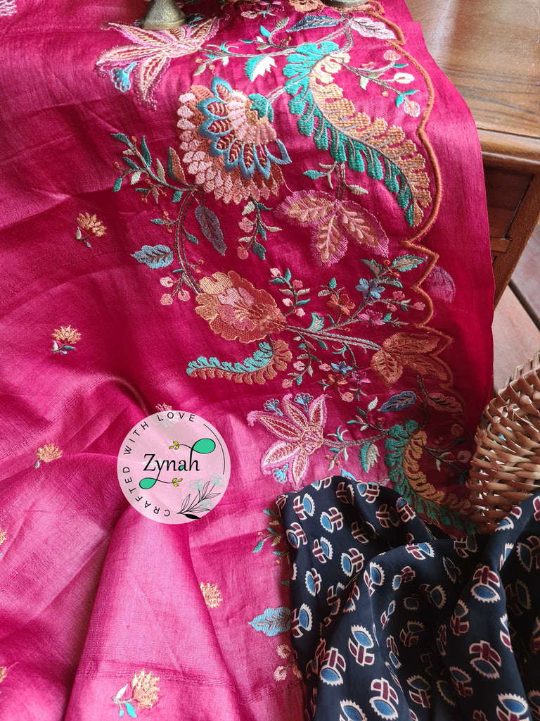 Zynah Pure Tussar Silk Embroidered Saree with Scalloped Border & 2 blouse pieces; Custom Stitched/Ready-made Blouse, Fall, Petticoat; Shipping available USA, Worldwide