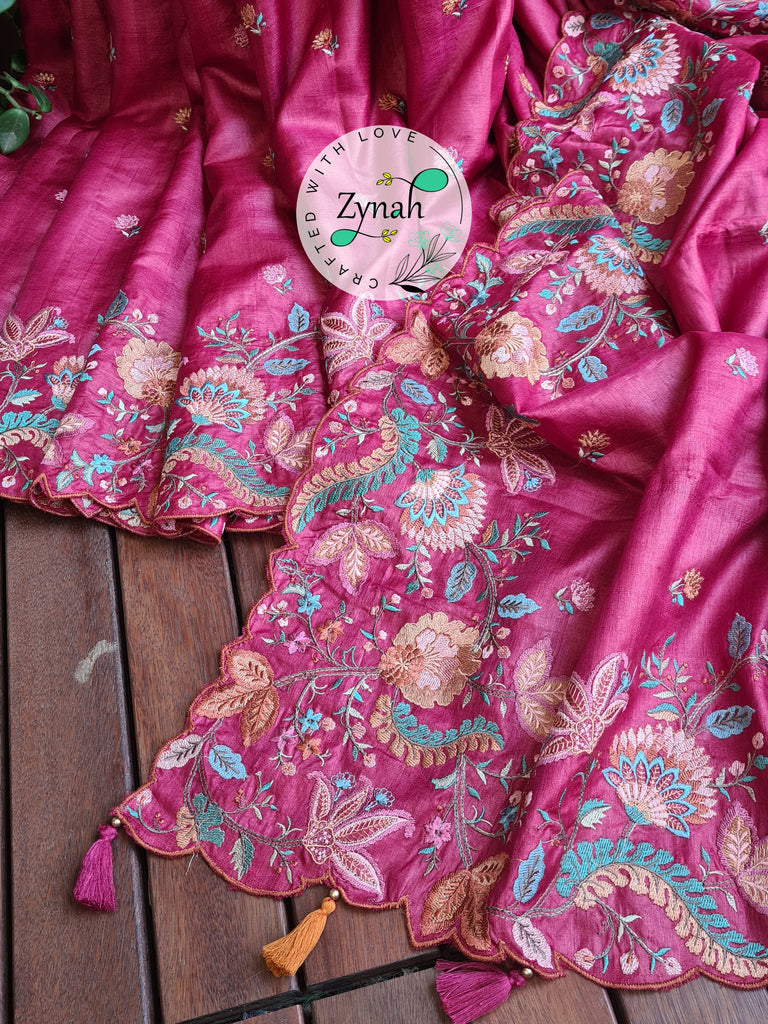 Zynah Pure Tussar Silk Embroidered Saree with Scalloped Border & 2 blouse pieces; Custom Stitched/Ready-made Blouse, Fall, Petticoat; Shipping available USA, Worldwide