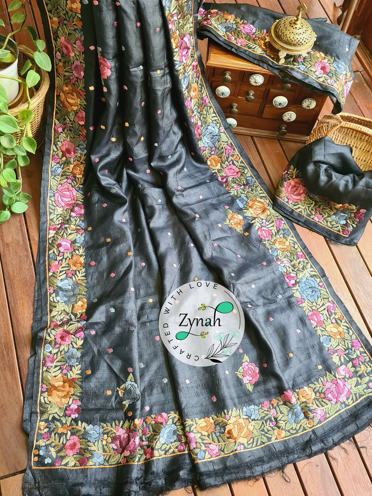 Zynah Made to Order Pure Tussar Silk Parsi Gara Handcrafted Saree; Custom Stitched/Ready-made Blouse, Fall, Petticoat; Shipping available USA, Worldwide
