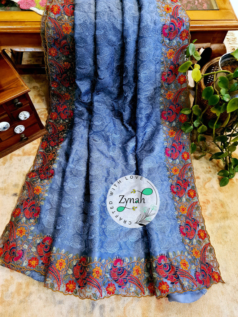 Zynah Designer Pure Kora Silk Saree with Scalloped Border & Thread Embroidery; Custom Stitched/Ready-made Blouse, Fall, Petticoat; Shipping available USA, Worldwide