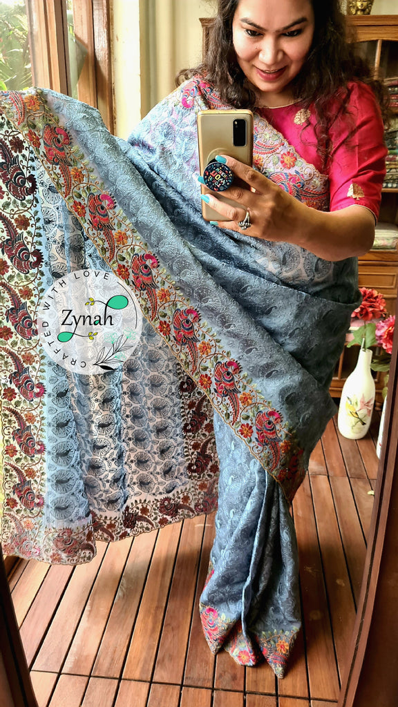 Zynah Designer Pure Kora Silk Saree with Scalloped Border & Thread Embroidery; Custom Stitched/Ready-made Blouse, Fall, Petticoat; Shipping available USA, Worldwide