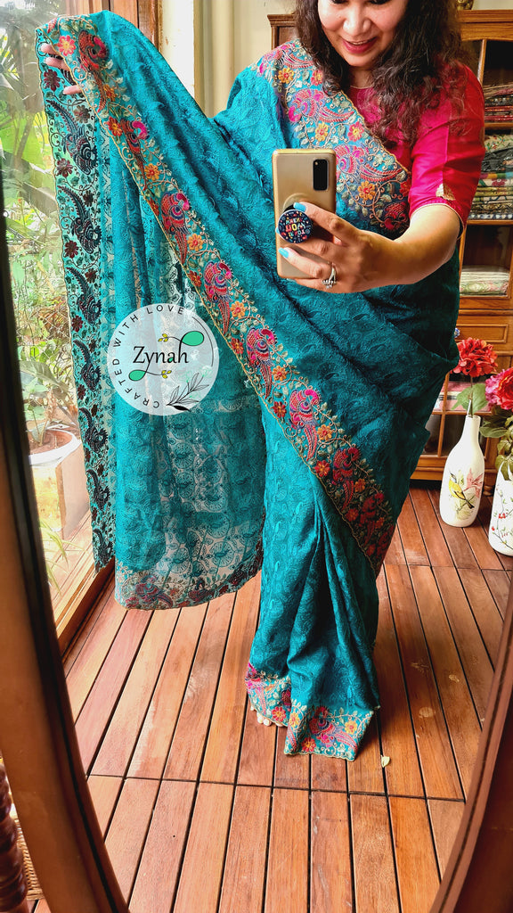 Zynah Designer Pure Kora Silk Saree with Scalloped Border & Thread Embroidery; Custom Stitched/Ready-made Blouse, Fall, Petticoat; Shipping available USA, Worldwide
