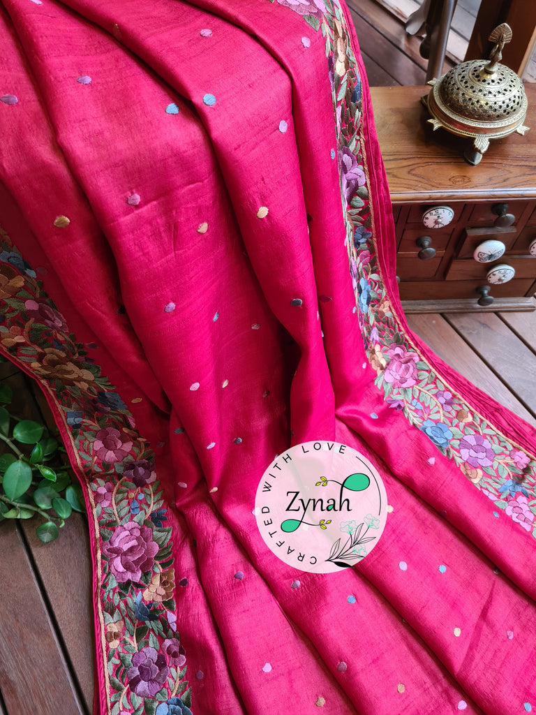 Zynah Made to Order Pure Tussar Silk Parsi Gara Handcrafted Saree; Custom Stitched/Ready-made Blouse, Fall, Petticoat; Shipping available USA, Worldwide