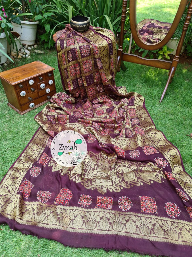 Zynah Pure Munga Silk Saree with Ajrakh Prints & Gharchola Zari Weave; Custom Stitched/Ready-made Blouse, Fall, Petticoat; Shipping available USA, Worldwide