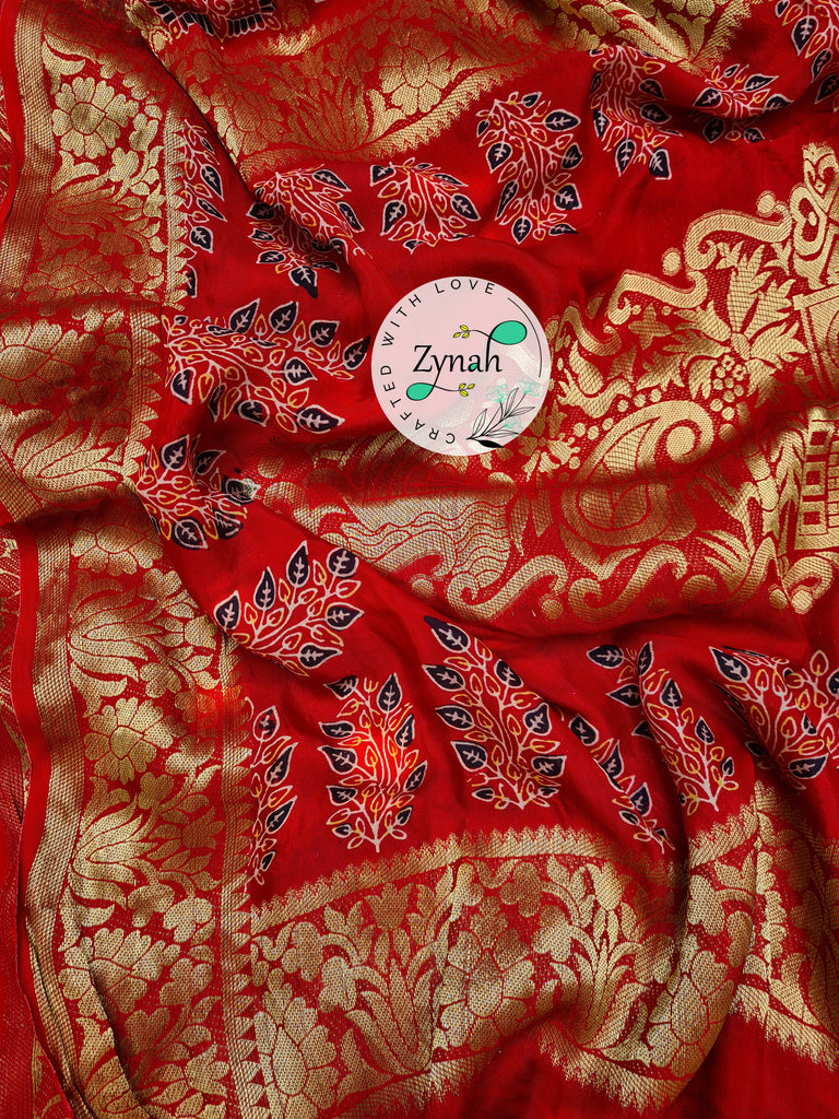 Zynah Pure Munga Silk Saree with Ajrakh Prints & Gharchola Zari Weave; Custom Stitched/Ready-made Blouse, Fall, Petticoat; Shipping available USA, Worldwide