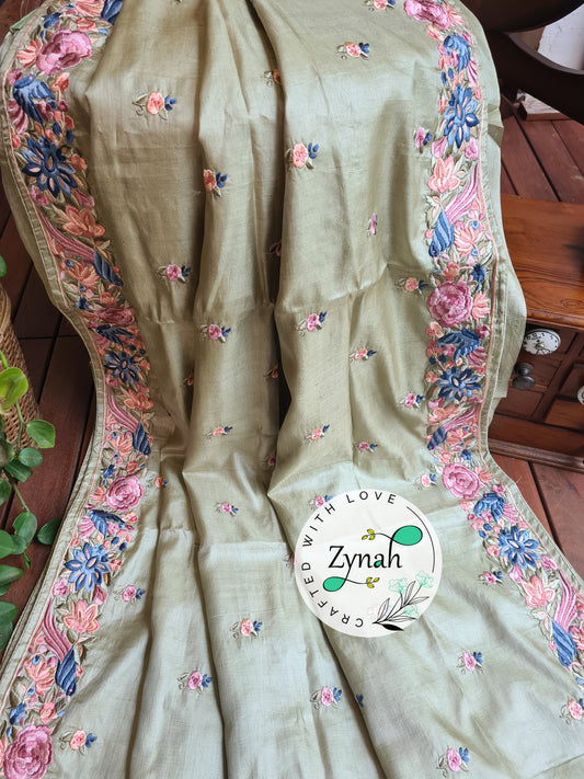 Zynah Pista Green Color Pure Handwoven Tussar Silk Parsi Gara Inspired Resham Thread Embroidery Saree; Custom Stitched/Ready-made Blouse, Fall, Petticoat; Shipping available USA, Worldwide