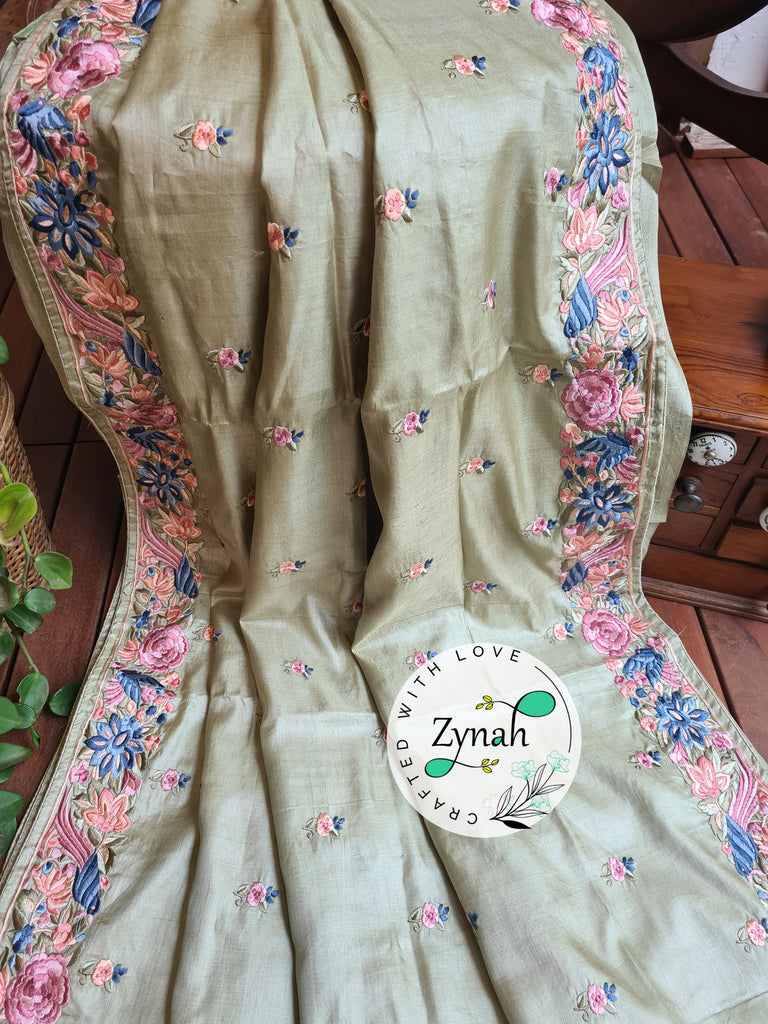Zynah Pista Green Color Pure Handwoven Tussar Silk Parsi Gara Inspired Resham Thread Embroidery Saree; Custom Stitched/Ready-made Blouse, Fall, Petticoat; Shipping available USA, Worldwide
