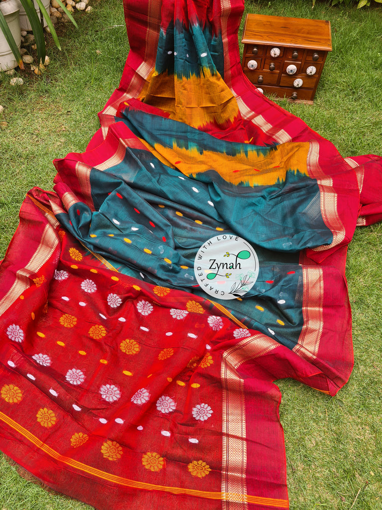 Zynah Green & Red Color Pure Handspun Cotton Saree with Zari Weave Border; Custom Stitched/Ready-made Blouse, Fall, Petticoat; Shipping available USA, Worldwide